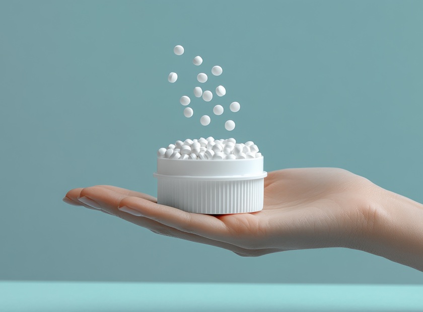 Hand holding sweetener tablets spilling over pastel blue background