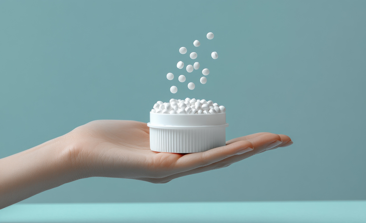 Hand holding sweetener tablets spilling over pastel blue background